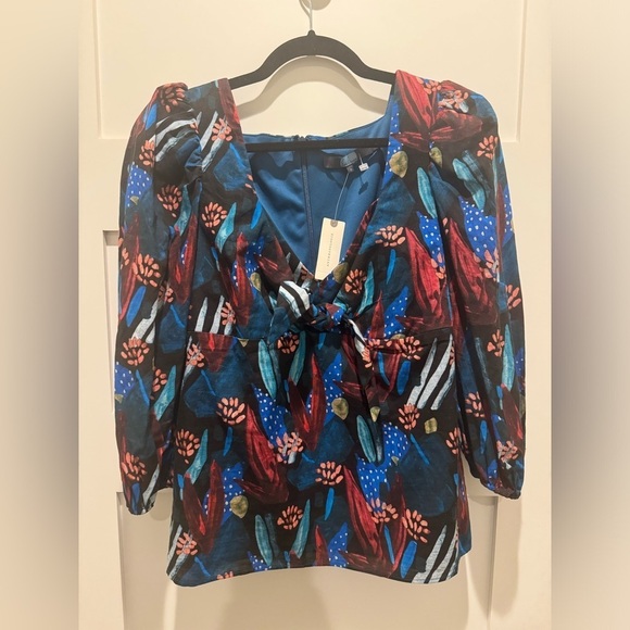 Anthropologie Eva Franco Blue Tropical Sweetheart Neck Blouse Puff Sleeve NWT 8 - Picture 3 of 4